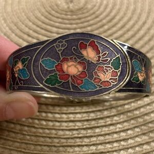 Beautiful Vintage Purple Cloisonne Enamel Flowers & Leaves Hinged Bracelet
